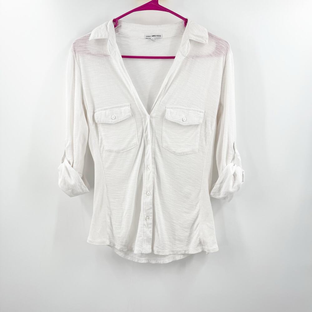 James Perse Standard Shirt SZ Small White Slub Cotton Button Down Roll Tab Panel